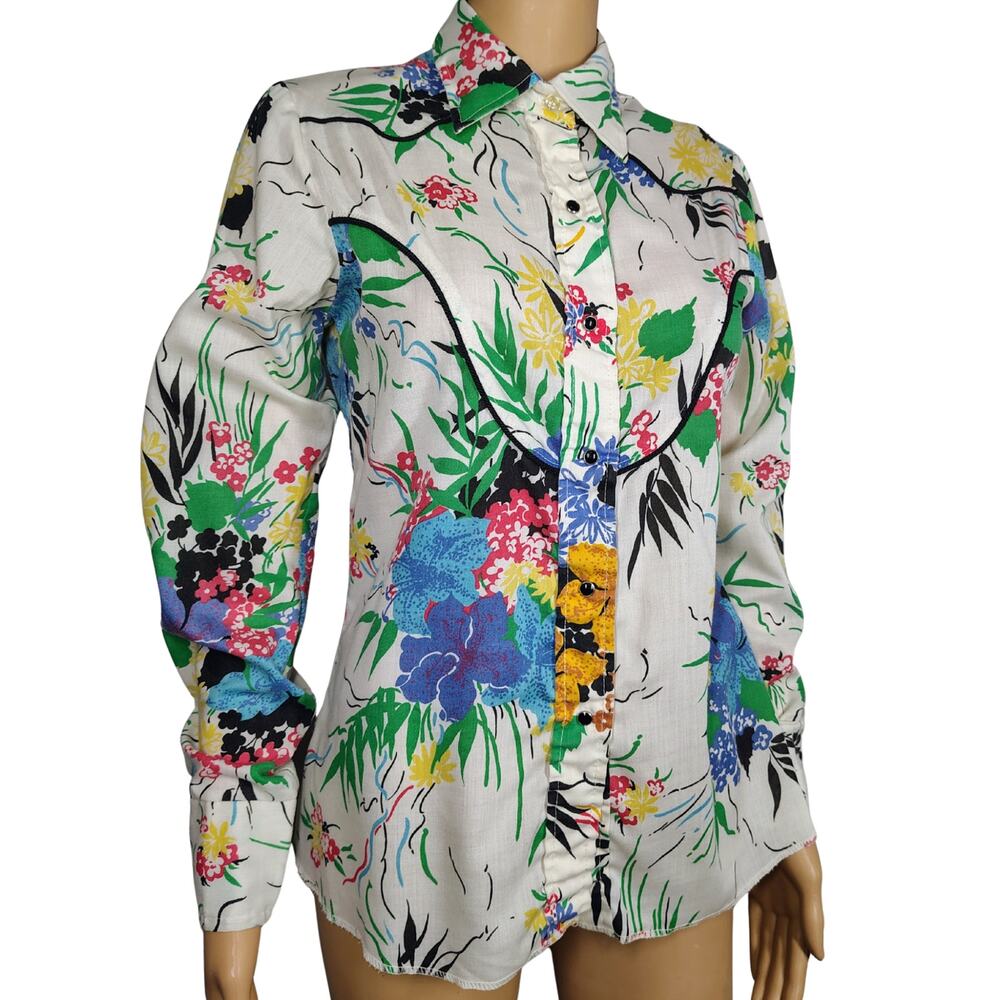 1970s Larry Mahan Floral Western Shirt Black Onyx Button Up Shirt Size Small